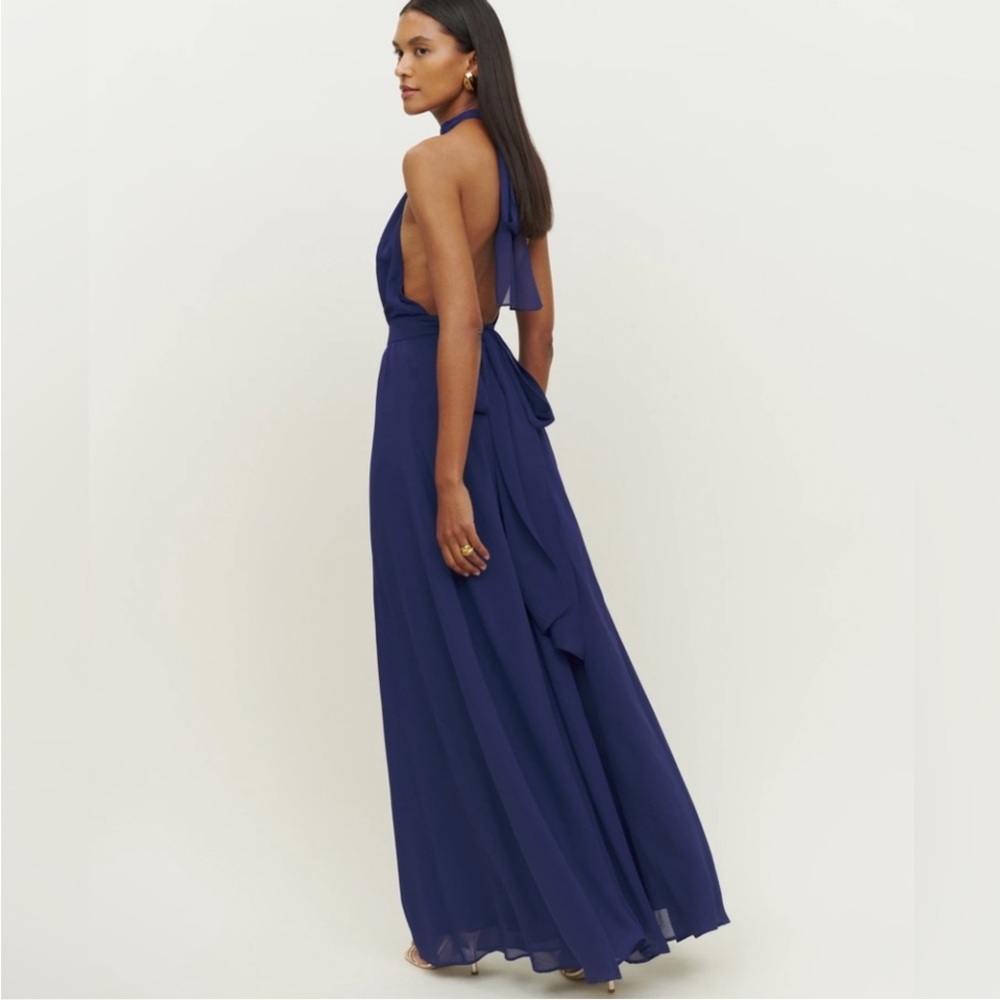 Reformation Andee Dress - Blue Halter Maxi Side Slit Size 10 - Picture 6 of 9